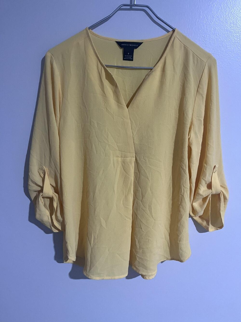 Investments Blouse Womens S Yellow Tunic V-Neck 3/4 Sleeve Pleated Pullover